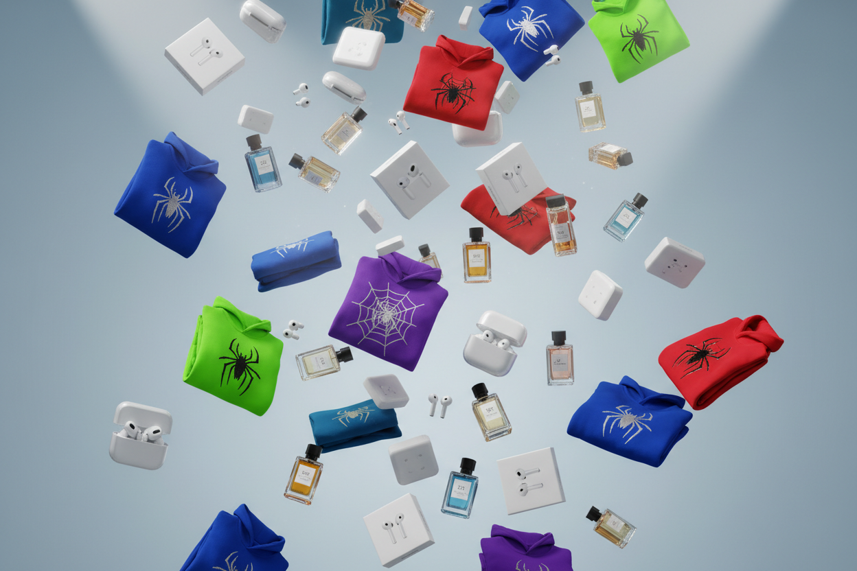 put a bunch of brand new, in the box airpods and airpod maxs and sp5der hoodies and many different colognes in the air everywhere like if it was raining it 